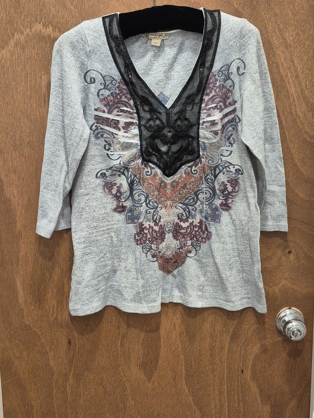 Ladies Embellished V-Neck Tunic in Gray with Black Trim